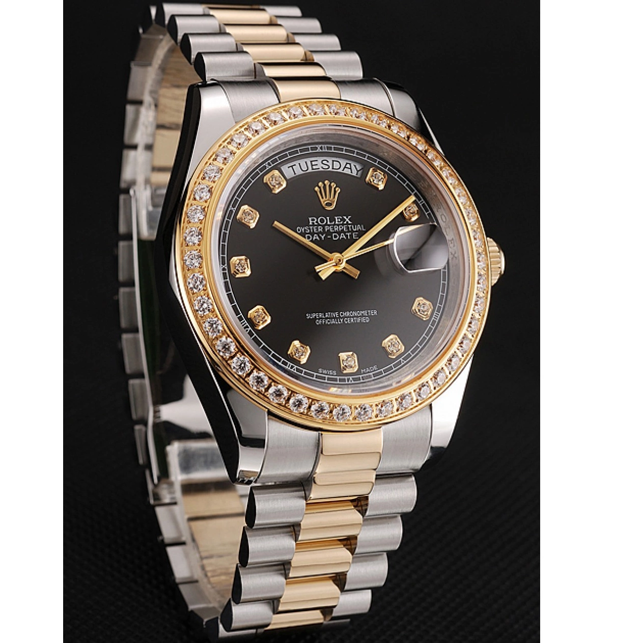 Aaa replica watch Tone 1453975 Two Dial Bracelet Gold Swiss Steel Stainless Rolex Black Diamond Day-Date Case 0218