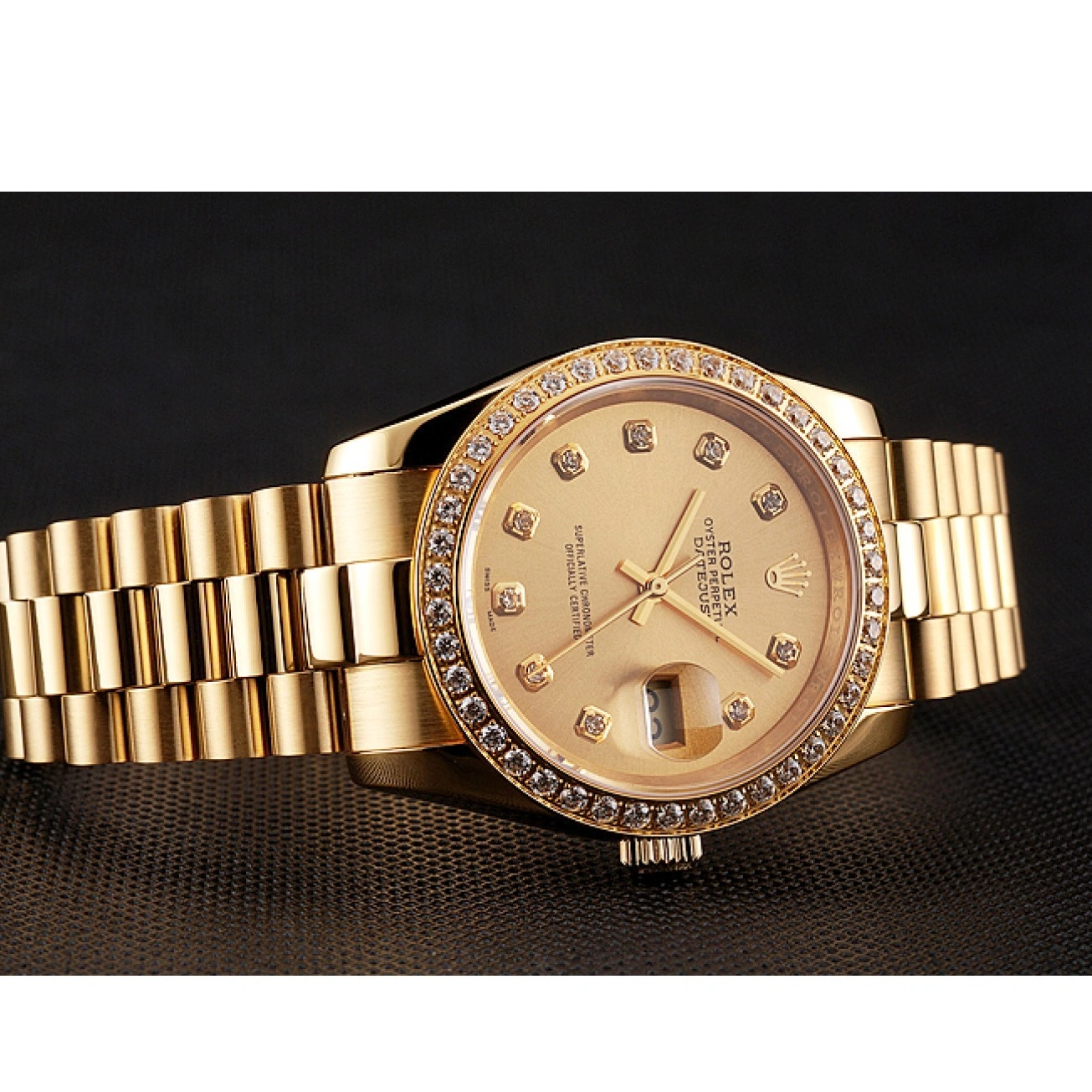 Aaa replica Swiss Gold 1454097 Datejust Champagne Bezel Dial Rolex Diamond Bracelet 0218