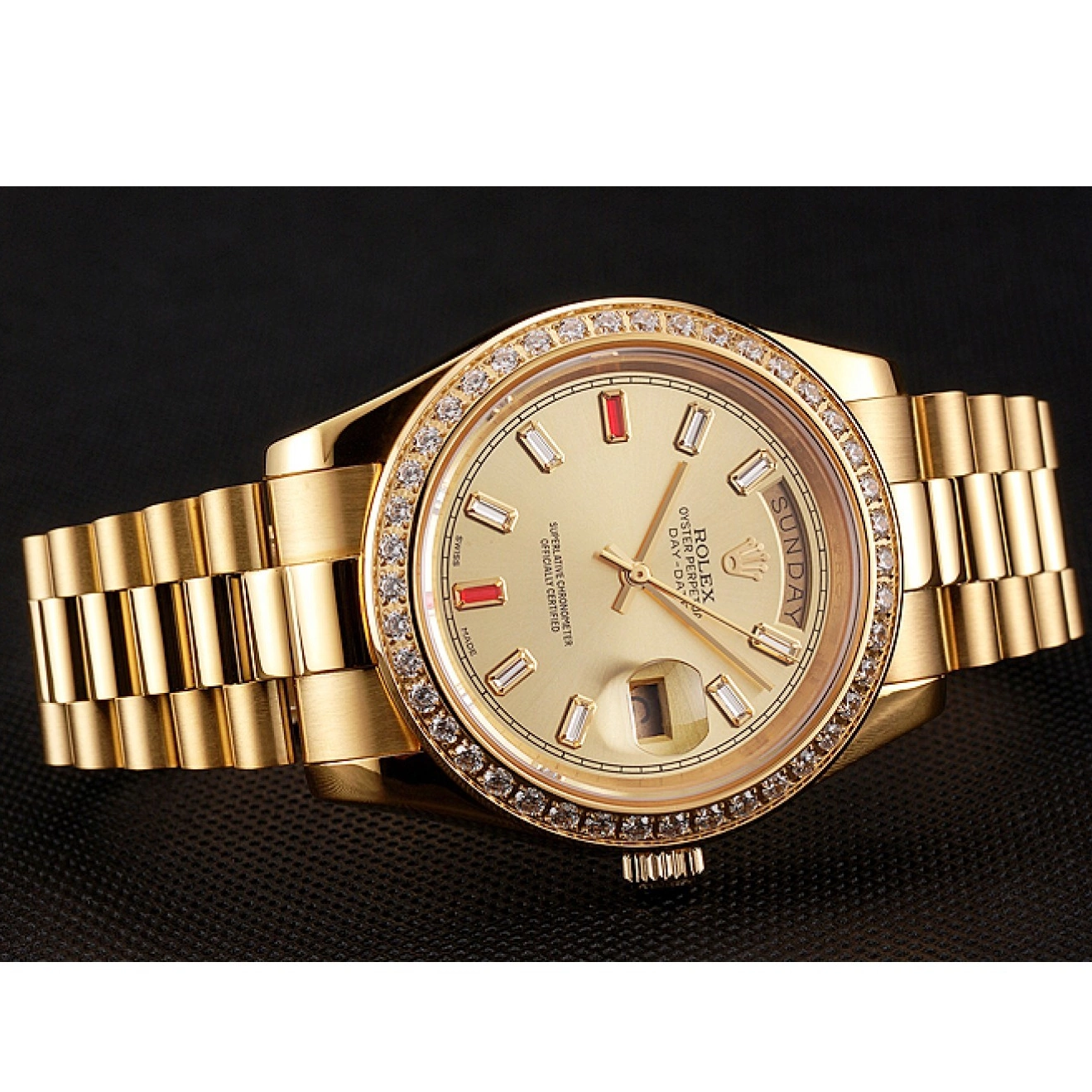 Aaa fake watches Rolex Champagne Dial Gold Swiss And Day-Date Bracelet Rubies Diamonds 1454100 0214