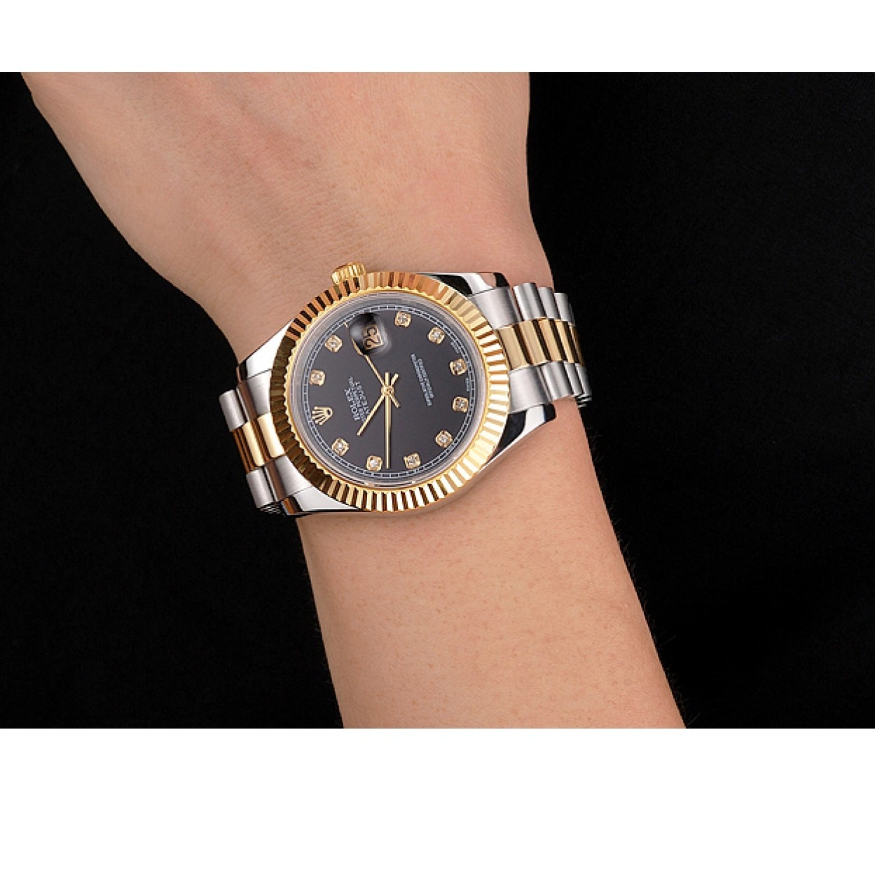 Aaa replica Black Swiss Bezel Bracelet Case Rolex Stainless Dial Gold Two Datejust Steel Tone 0219