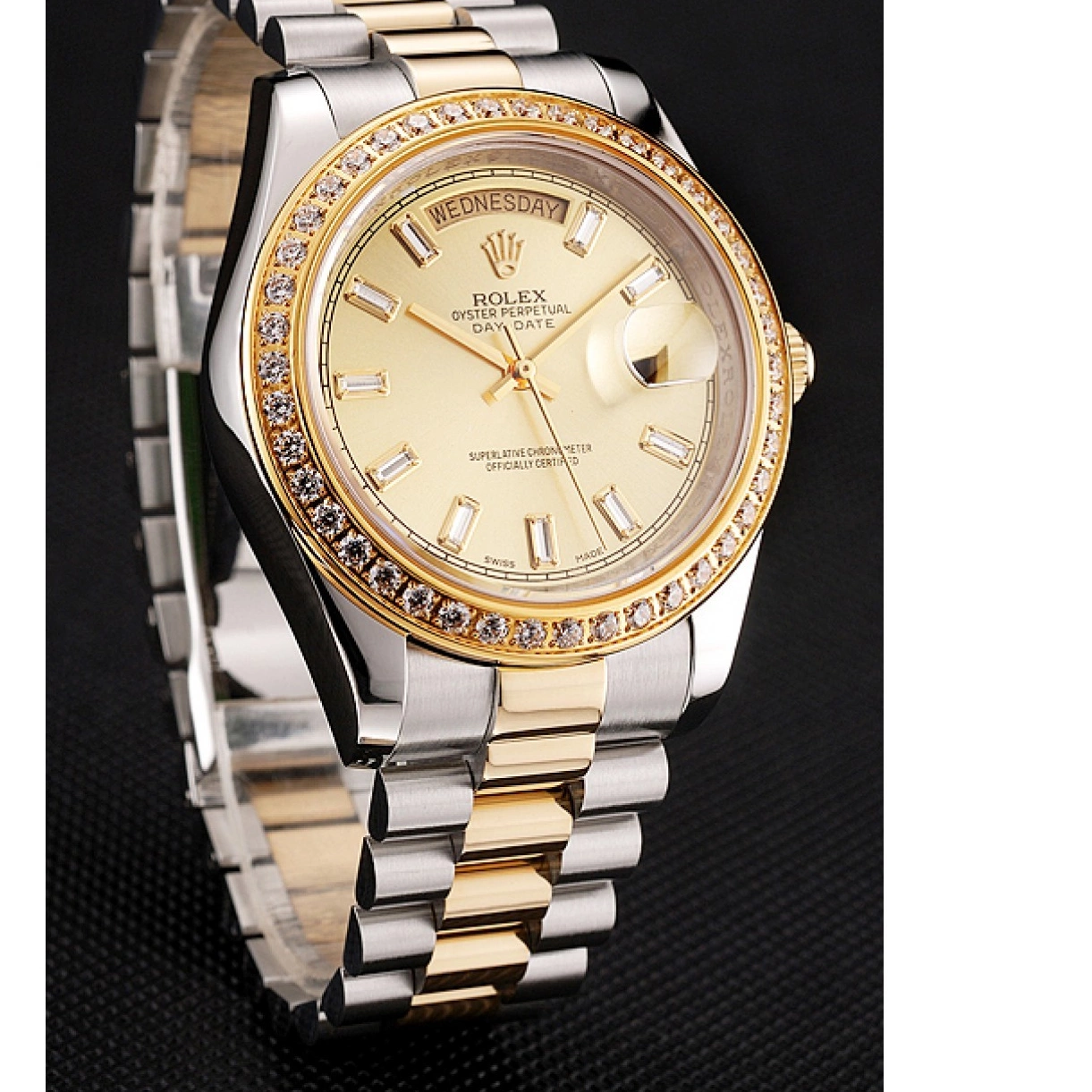 Aaa replica Day-Date Dial 1454103 Swiss Two Bracelet Rolex Bezel Tone Champagne Diamond 0219