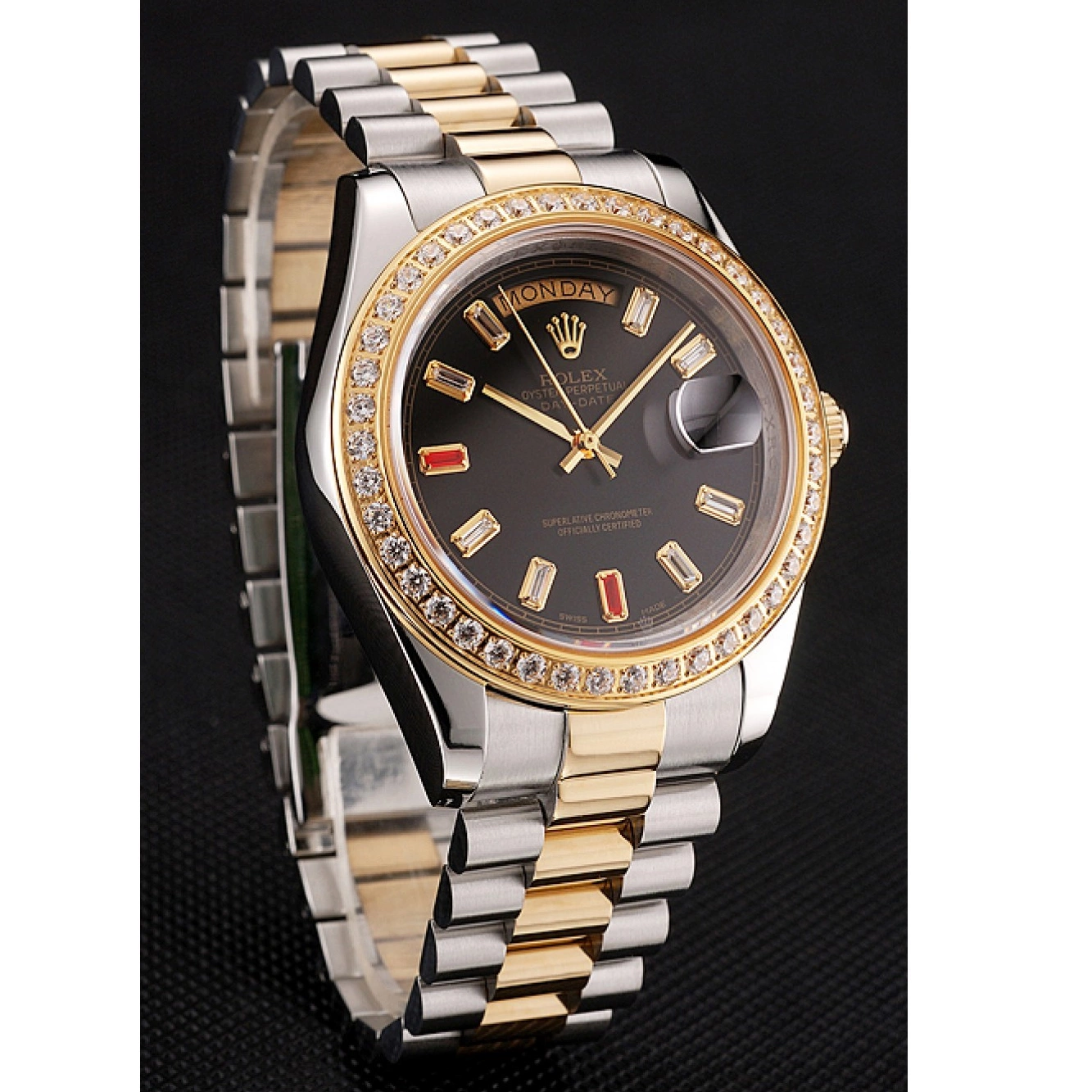 Aaa replica 1454105 Two Black Diamonds Rubies And Swiss Dial Day-Date Rolex Tone Bracelet 0221