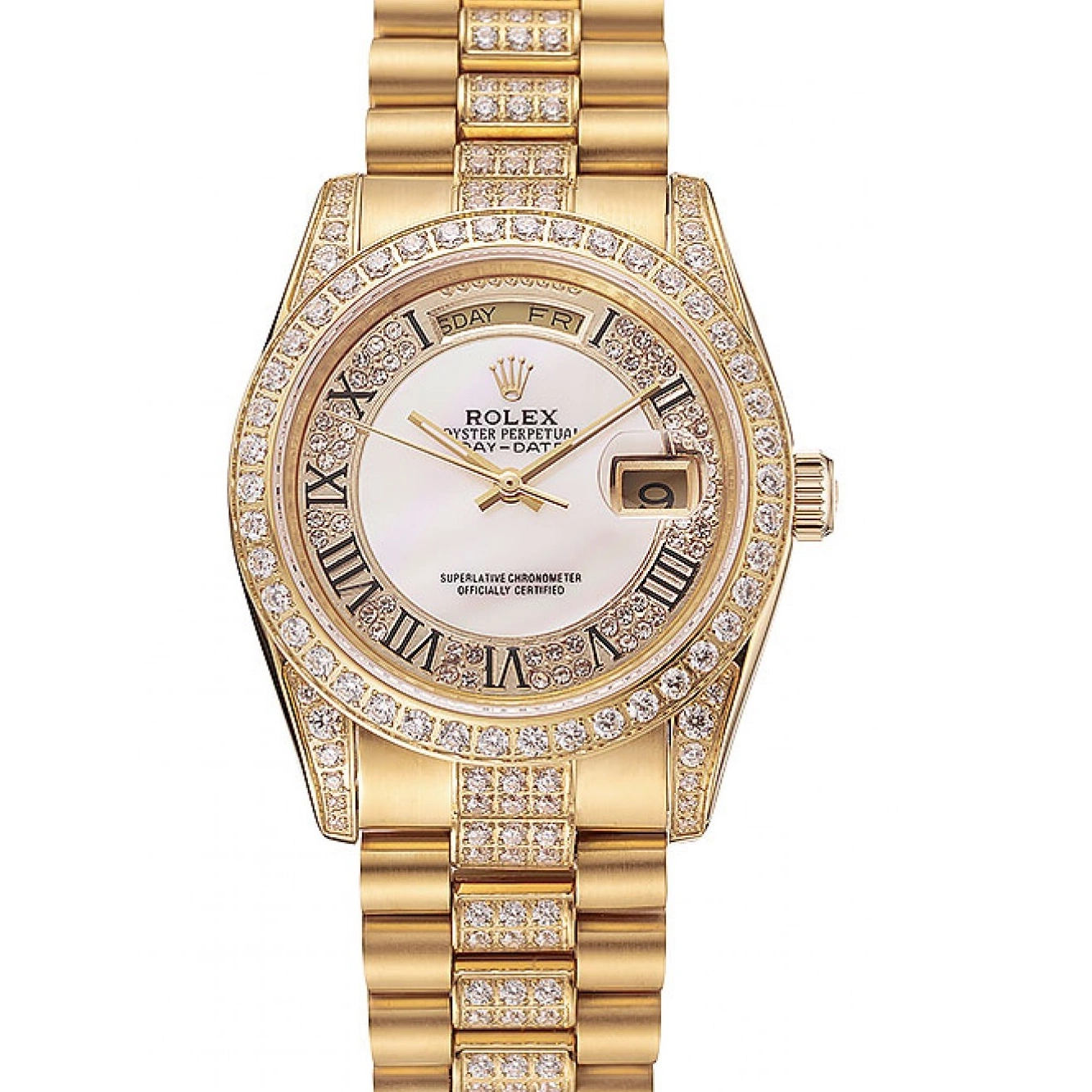 Aaa replica Diamond Rolex Day-Date Dial Diamond Bracelet Swiss White 1453958 Gold Pave 0218