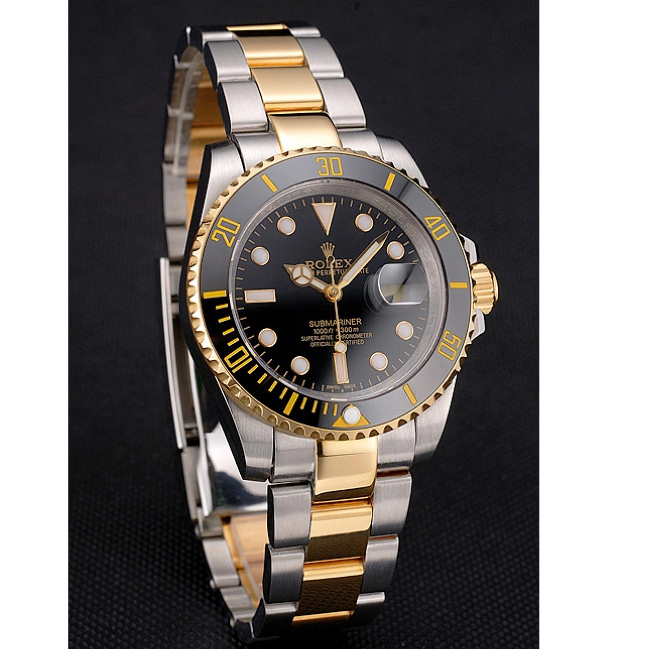 Aaa fake watches And Bracelet Swiss Submariner Gold Dial Steel Tone Rolex Bezel Black Two 0222