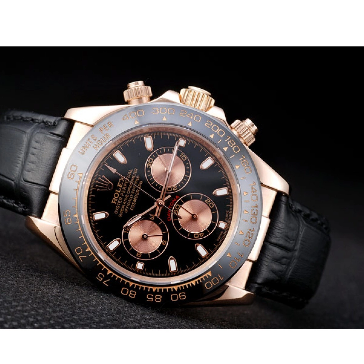 Aaa replica Strap Black Daytona Case Leather Black Rose Rolex Gold Dial 0214