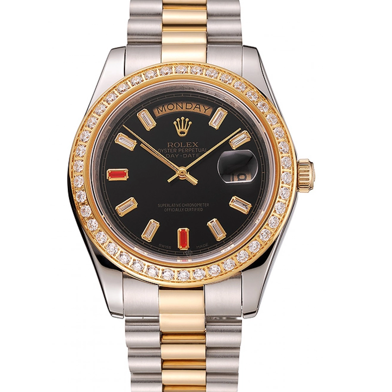 Aaa replica 1454105 Two Black Diamonds Rubies And Swiss Dial Day-Date Rolex Tone Bracelet 0221