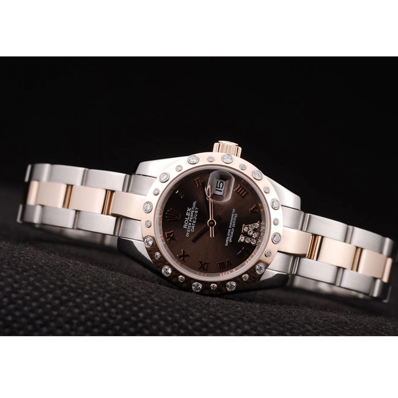 Aaa replica Diamond Stainless Rolex Case Steel Dial Brushed Plated DateJust Brown 0226