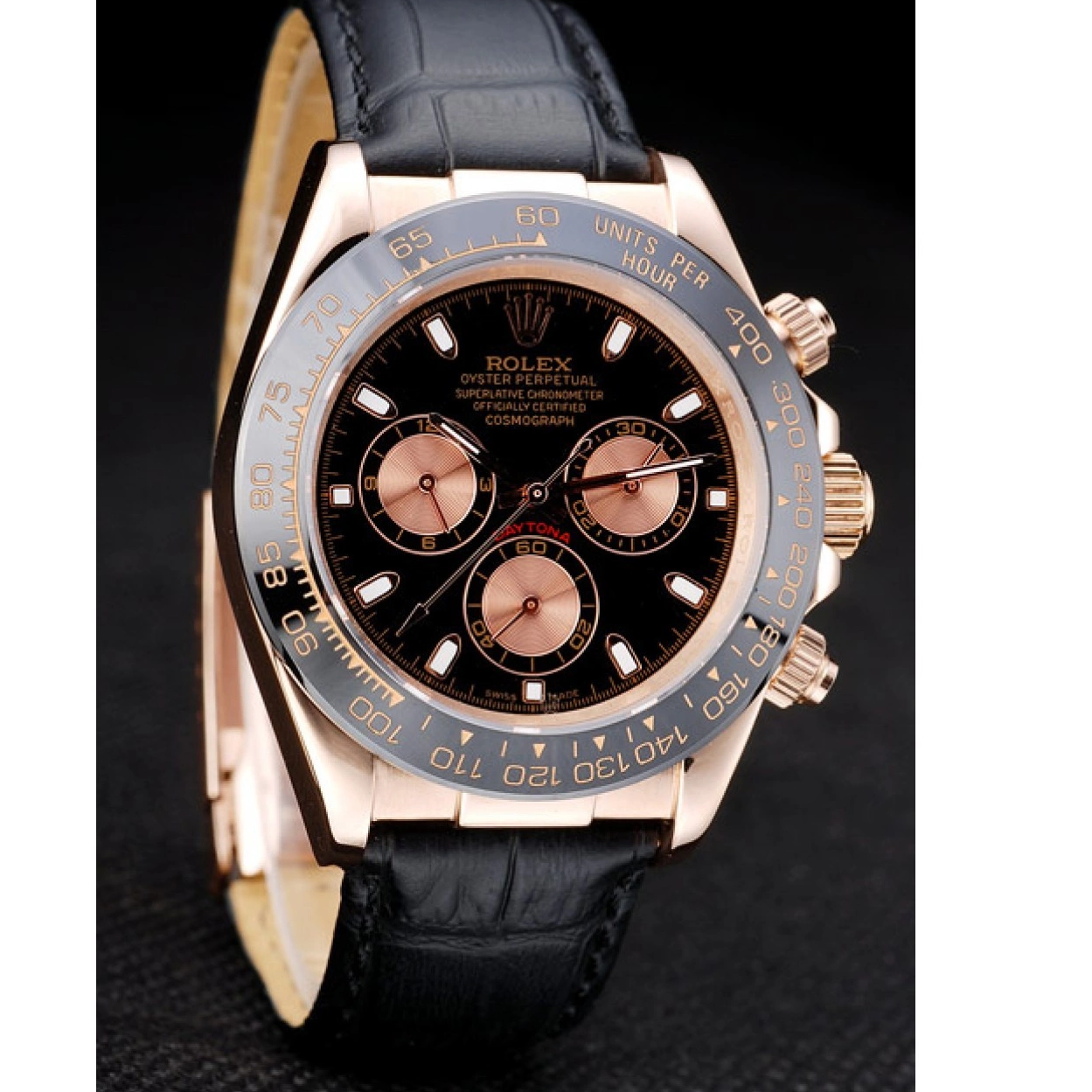 Aaa replica Strap Black Daytona Case Leather Black Rose Rolex Gold Dial 0214