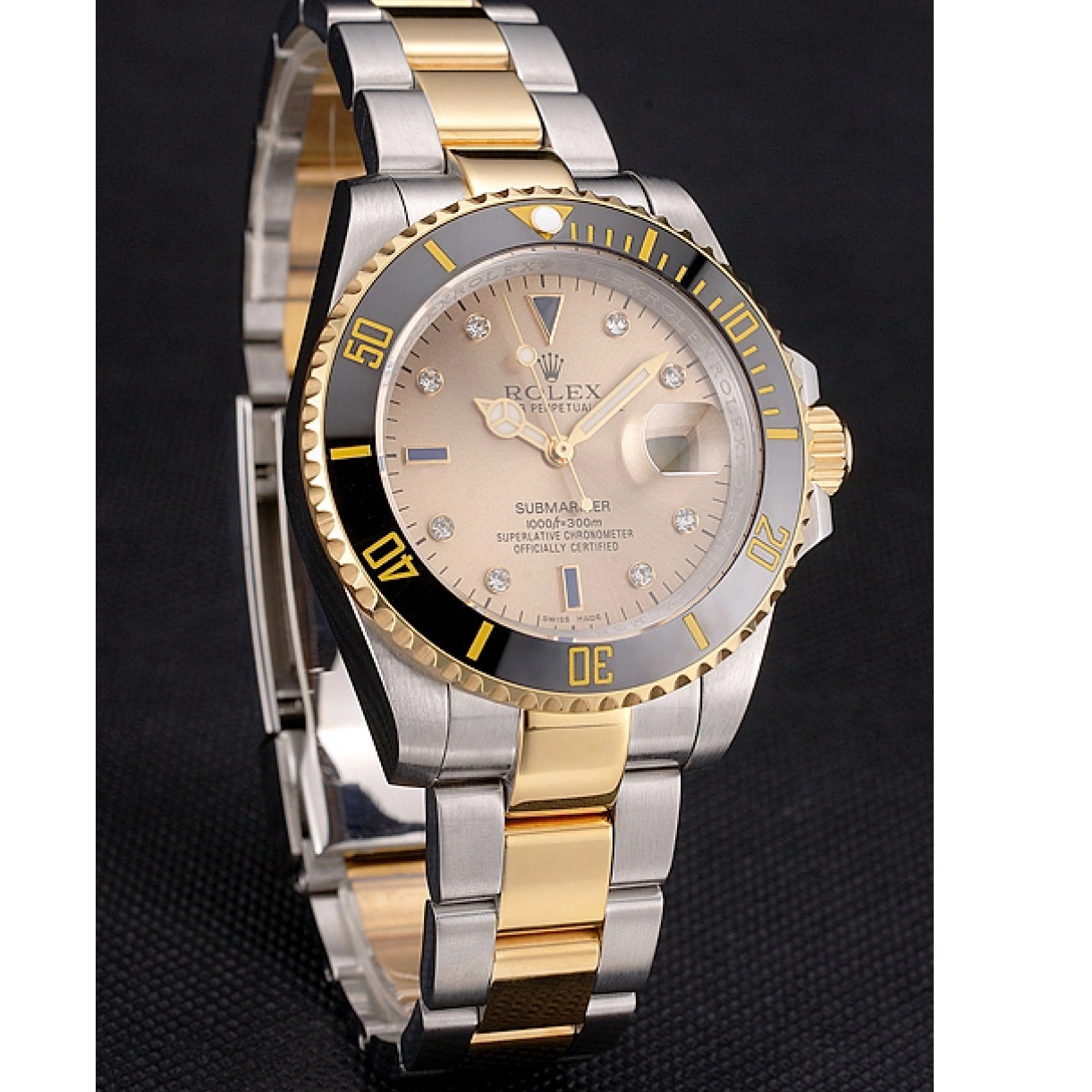 Aaa fake watches Gold Gold Two Black Bezel Bracelet Swiss Dial Markings Diamond Rolex Tone Steel Submariner 0225