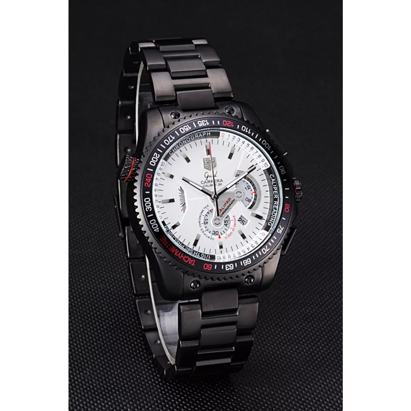 Aaa replica watch Tag Heuer Carrera Black Stainless Steel Case White Dial 98242 0203