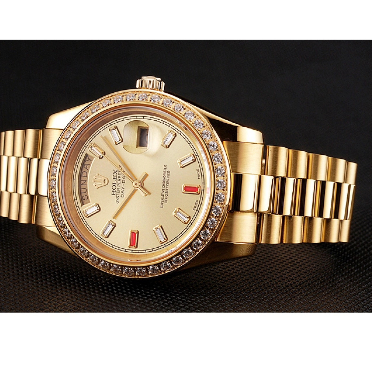 Aaa fake watches Rolex Champagne Dial Gold Swiss And Day-Date Bracelet Rubies Diamonds 1454100 0214