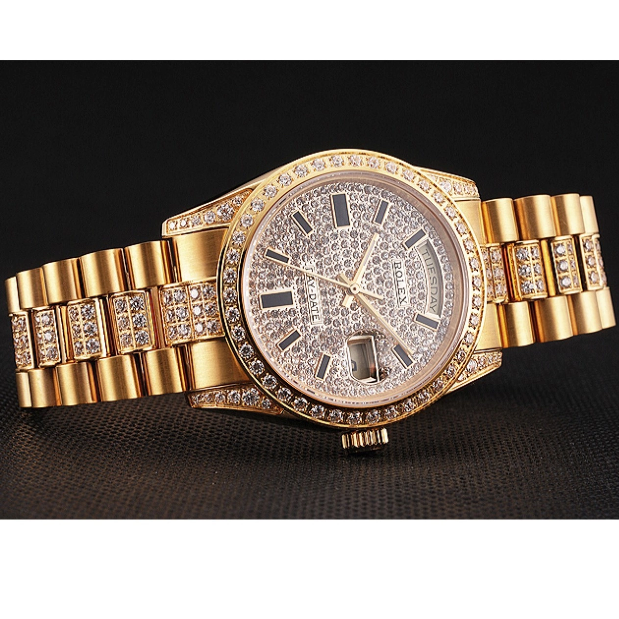 Aaa fake watches Pave Diamond Rolex Day Yellow Gold Swiss Date 0219