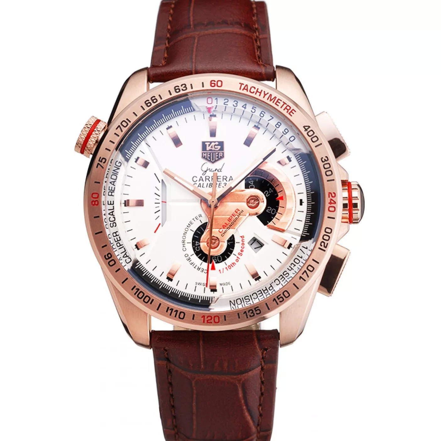 Aaa replica watch Tag Heuer Carrera Rose Gold Case White Dial Brown Leather Strap 98244 0203