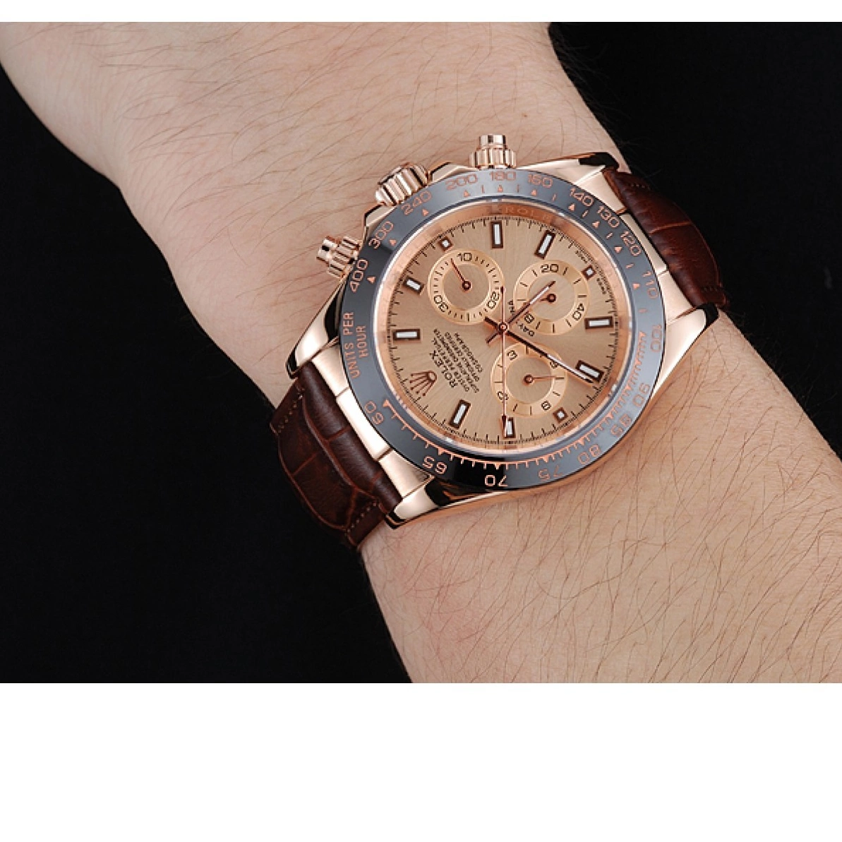 Aaa replica watch Cosmograph Brown 1454243 Bracelet Brown Case Rolex Dial Gold Rose Leather Daytona 0210