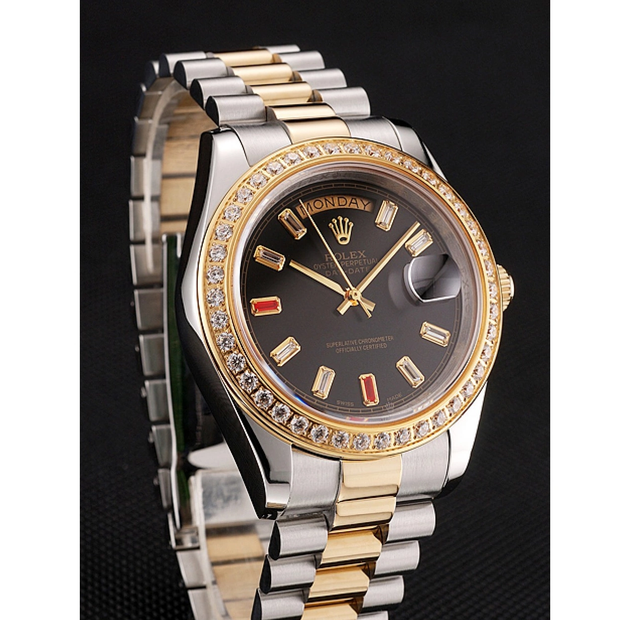 Aaa replica And Swiss Tone Black Rubies Two Bracelet Diamonds Dial Rolex 1454105 Day-Date 0224