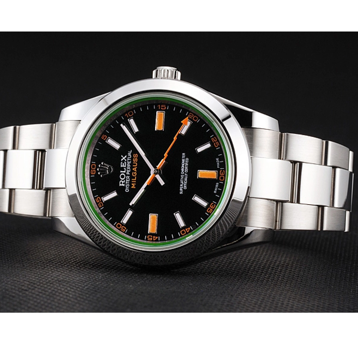 Aaa replica watch Orange And Rolex Bracelet Black Swiss Dial Steel Markings Milgauss Case Stainless 0222