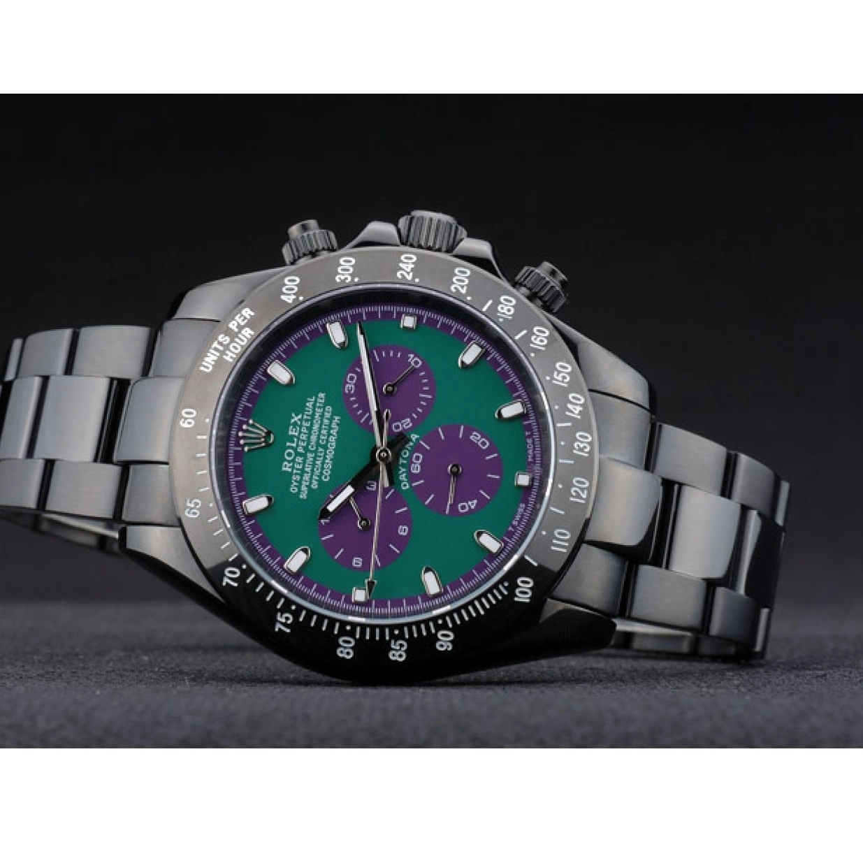 Aaa replica Stainless Plated Daytona Black Strap Rolex 80246 Green Ion Tachymeter Steel Dial Black 0212