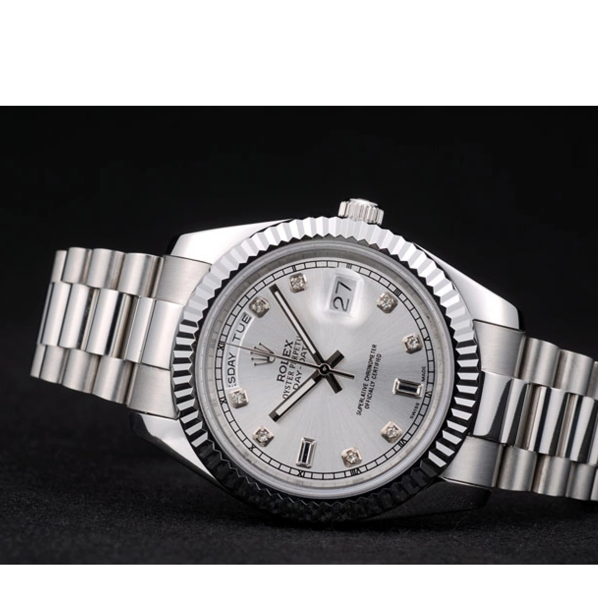 Aaa replica DayDate Silver Dial 41976 Ribbed Steel Stainless Bezel Rolex 0225