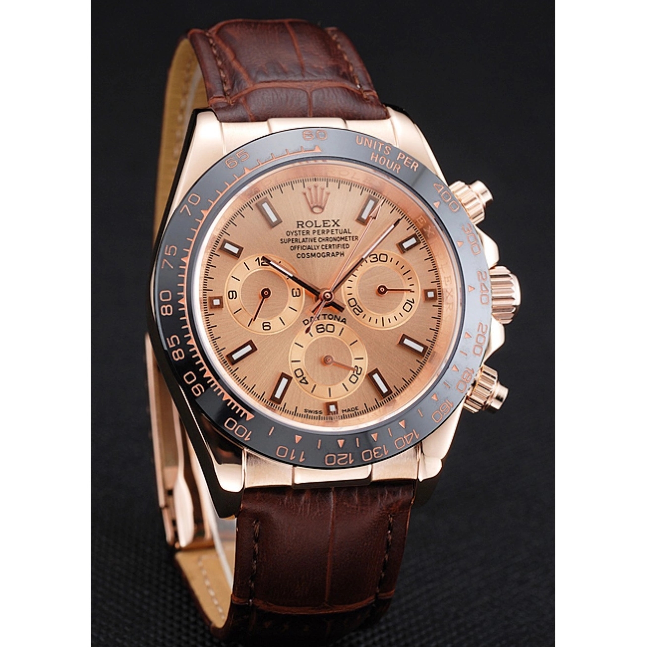 Aaa replica Case Brown Cosmograph Gold Dial Rolex 1454243 Bracelet Rose Daytona Leather Brown 0227