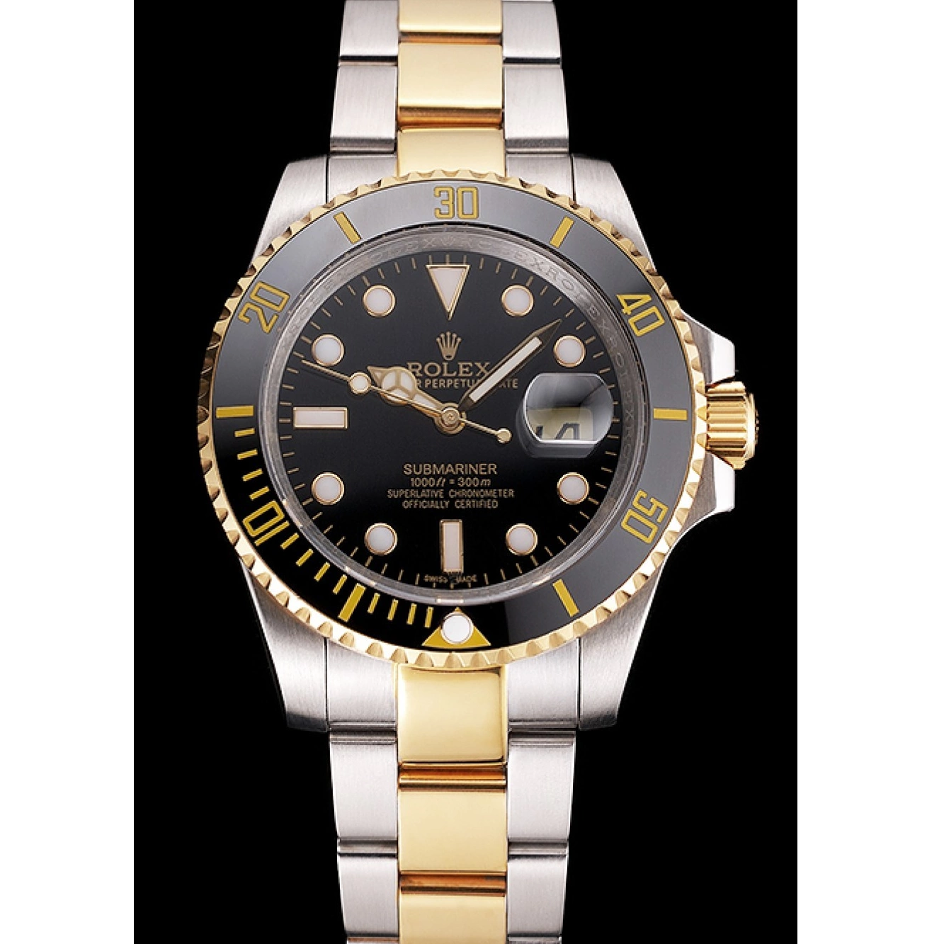 Aaa fake watches And Bracelet Swiss Submariner Gold Dial Steel Tone Rolex Bezel Black Two 0222