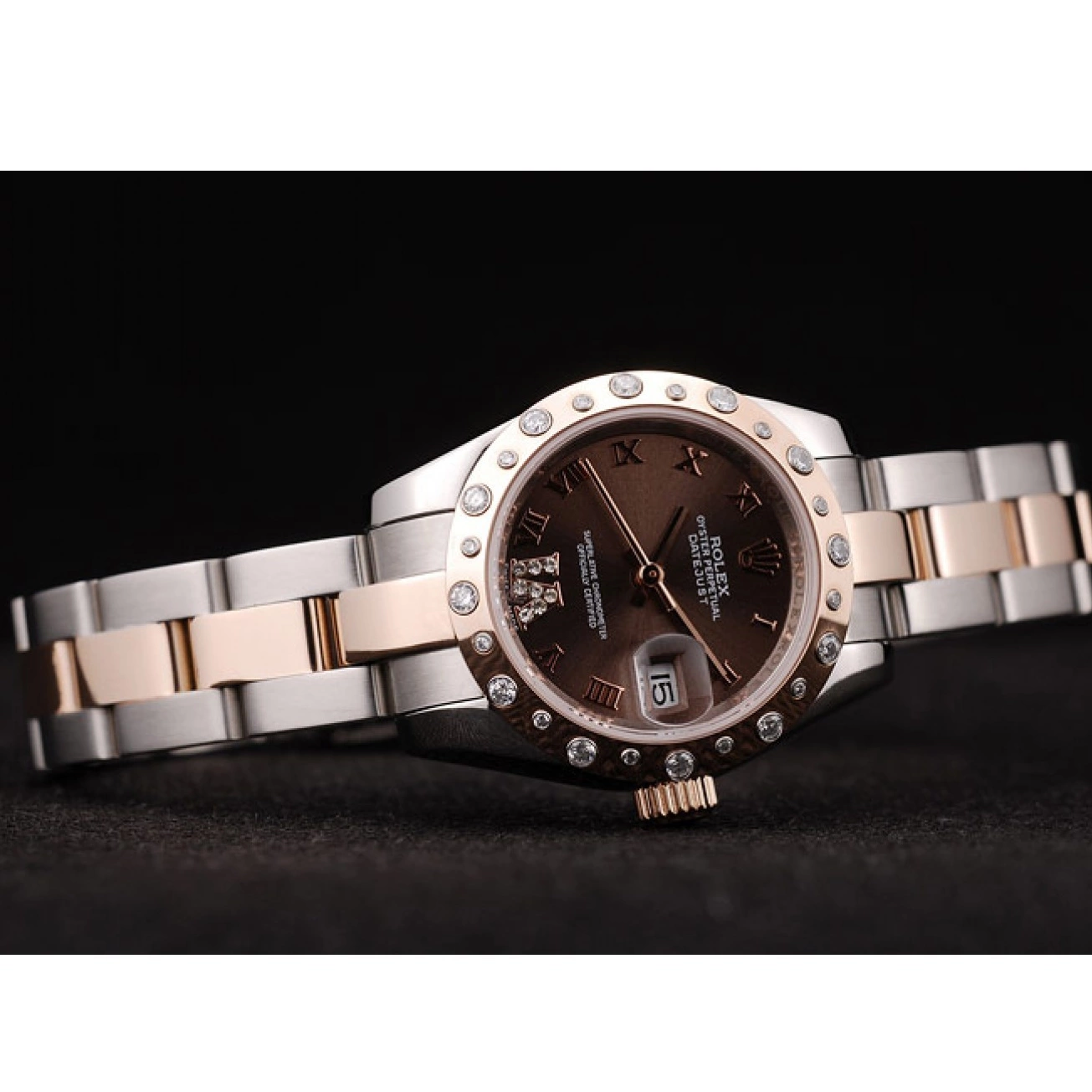 Aaa replica Diamond Stainless Rolex Case Steel Dial Brushed Plated DateJust Brown 0226