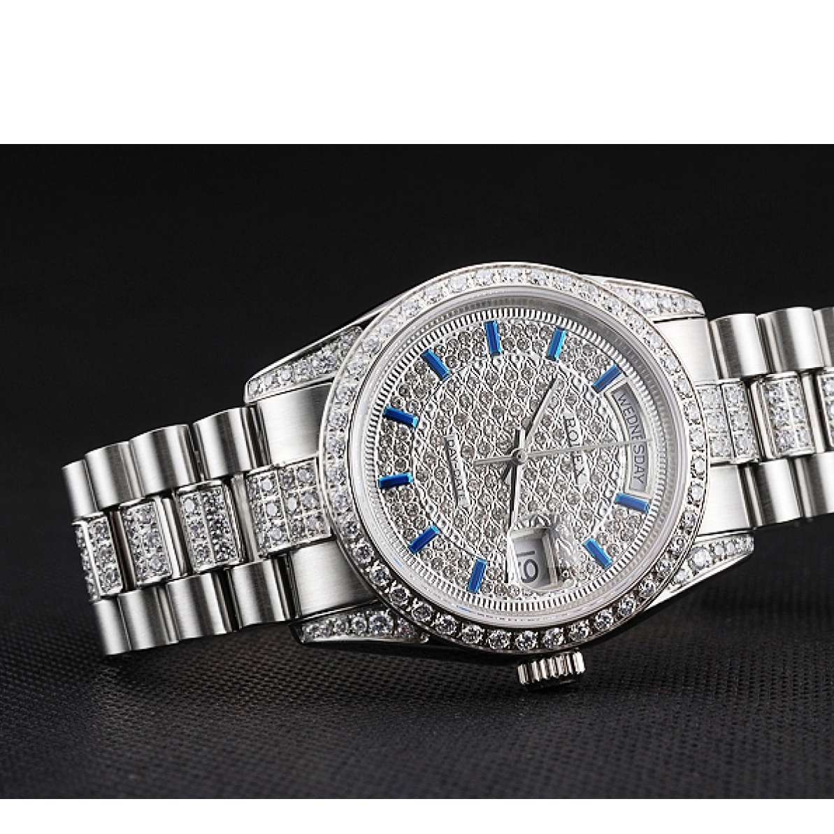 Aaa replica watch Stainless Day Dial And And Swiss Bezel Date Bracelet Steel Diamond Rolex Pave 0223