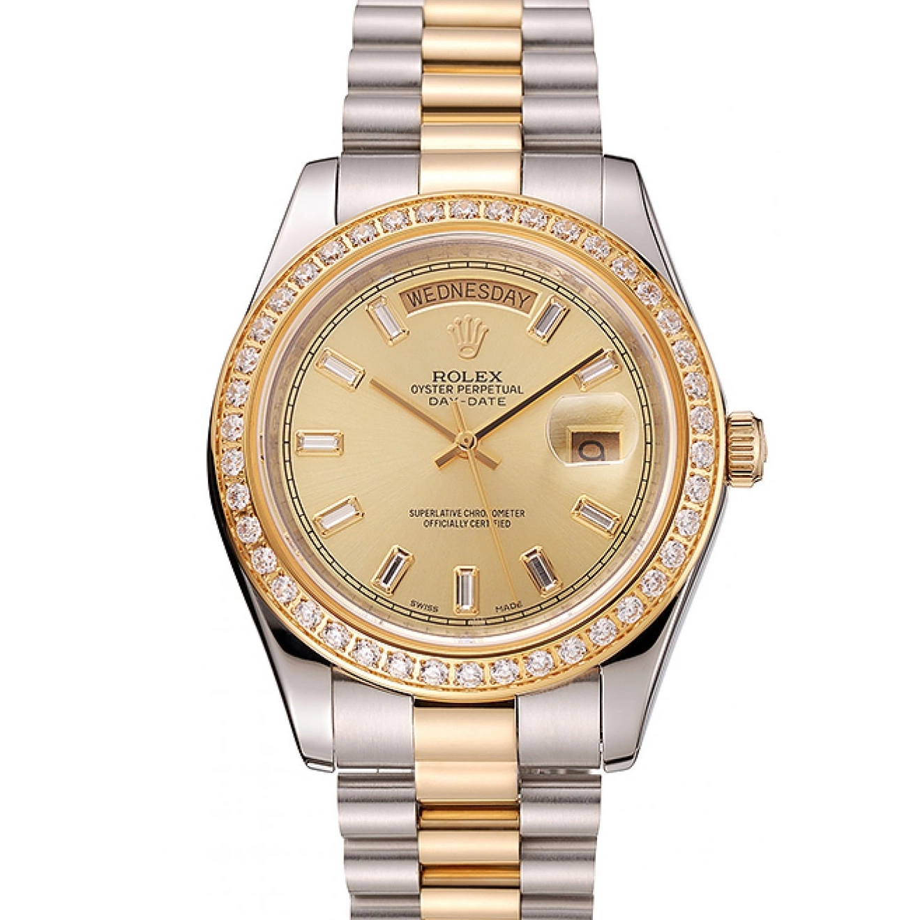 Aaa replica Day-Date Dial 1454103 Swiss Two Bracelet Rolex Bezel Tone Champagne Diamond 0219