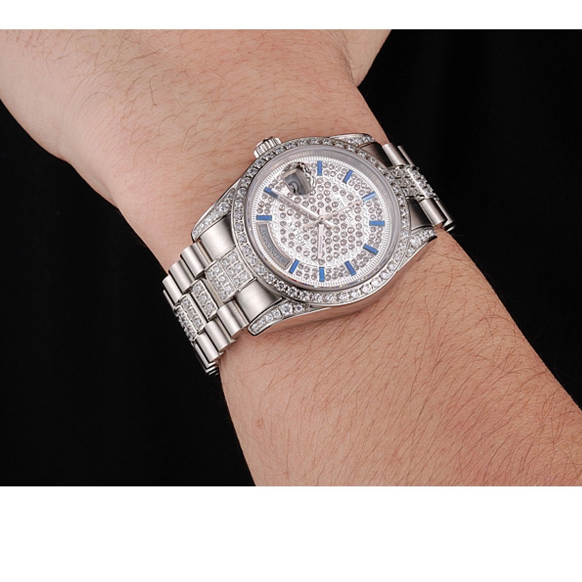 Aaa replica watch Stainless Day Dial And And Swiss Bezel Date Bracelet Steel Diamond Rolex Pave 0223