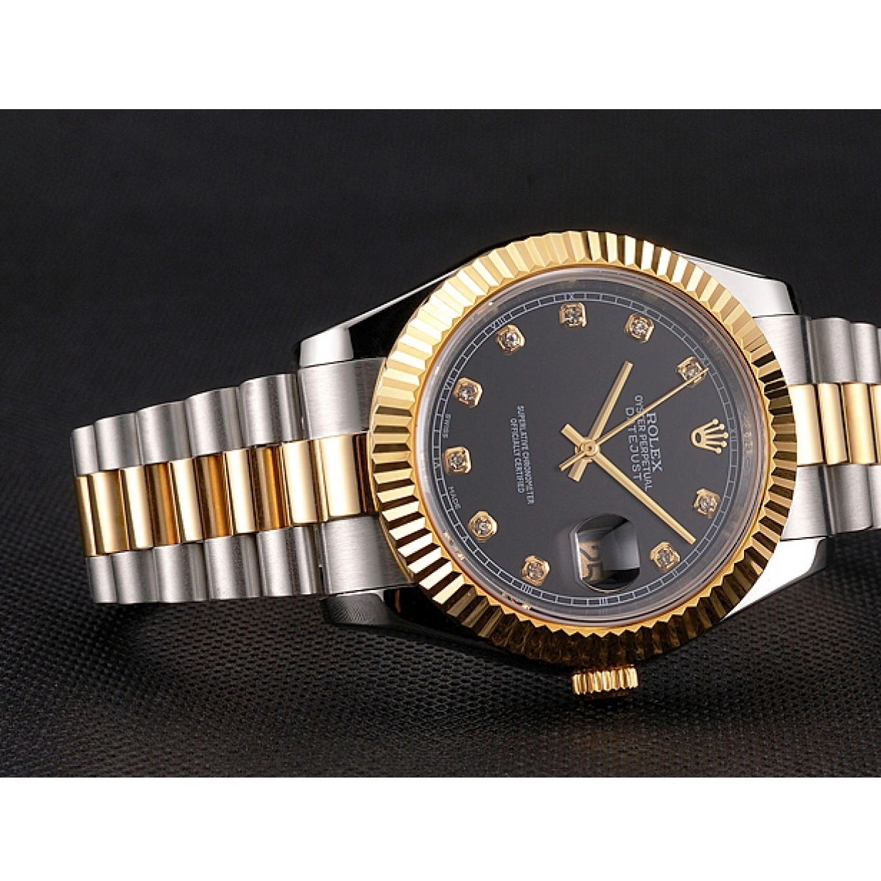 Aaa replica Black Swiss Bezel Bracelet Case Rolex Stainless Dial Gold Two Datejust Steel Tone 0219