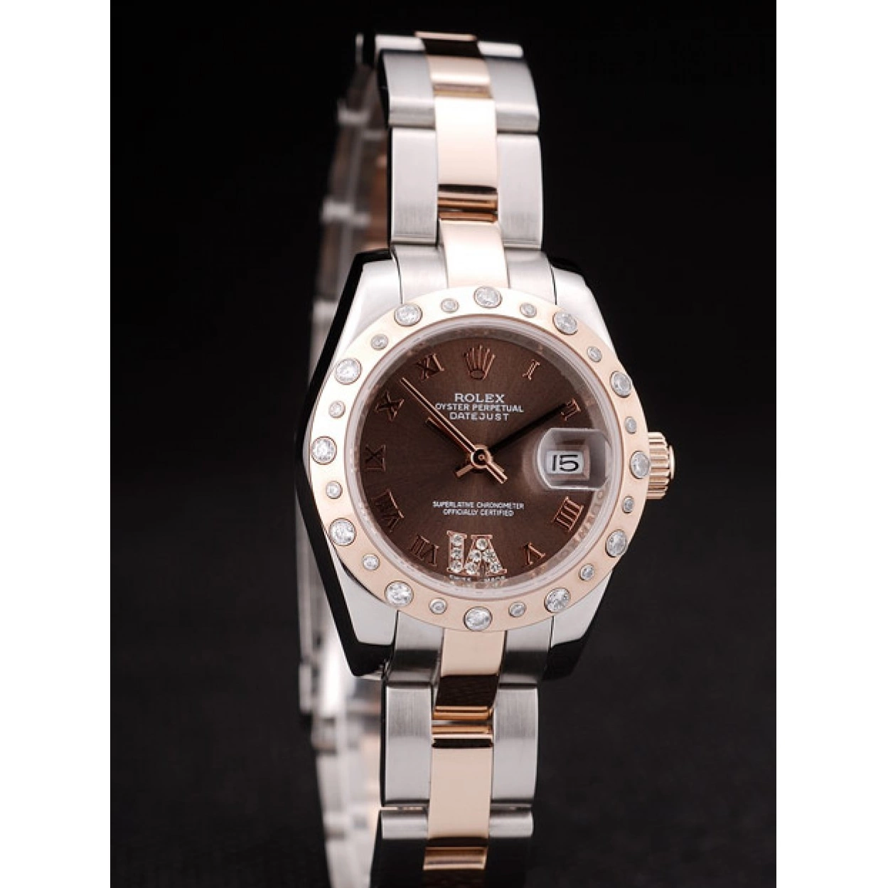 Aaa replica Diamond Stainless Rolex Case Steel Dial Brushed Plated DateJust Brown 0226