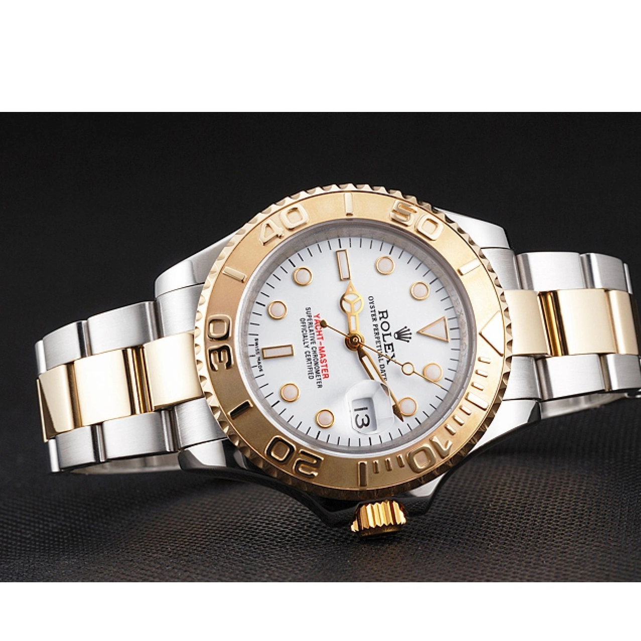 Aaa replica Bracelet Swiss Rolex Bezel Gold Tone White Case Dial Stainless Two Yacht-Master Steel 0215