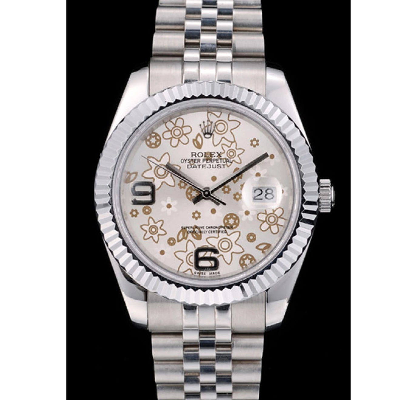 Aaa replica watch Flower DateJust Stainless Ribbed Steel Dial Silver Swiss 42001 Rolex Bezel 0226