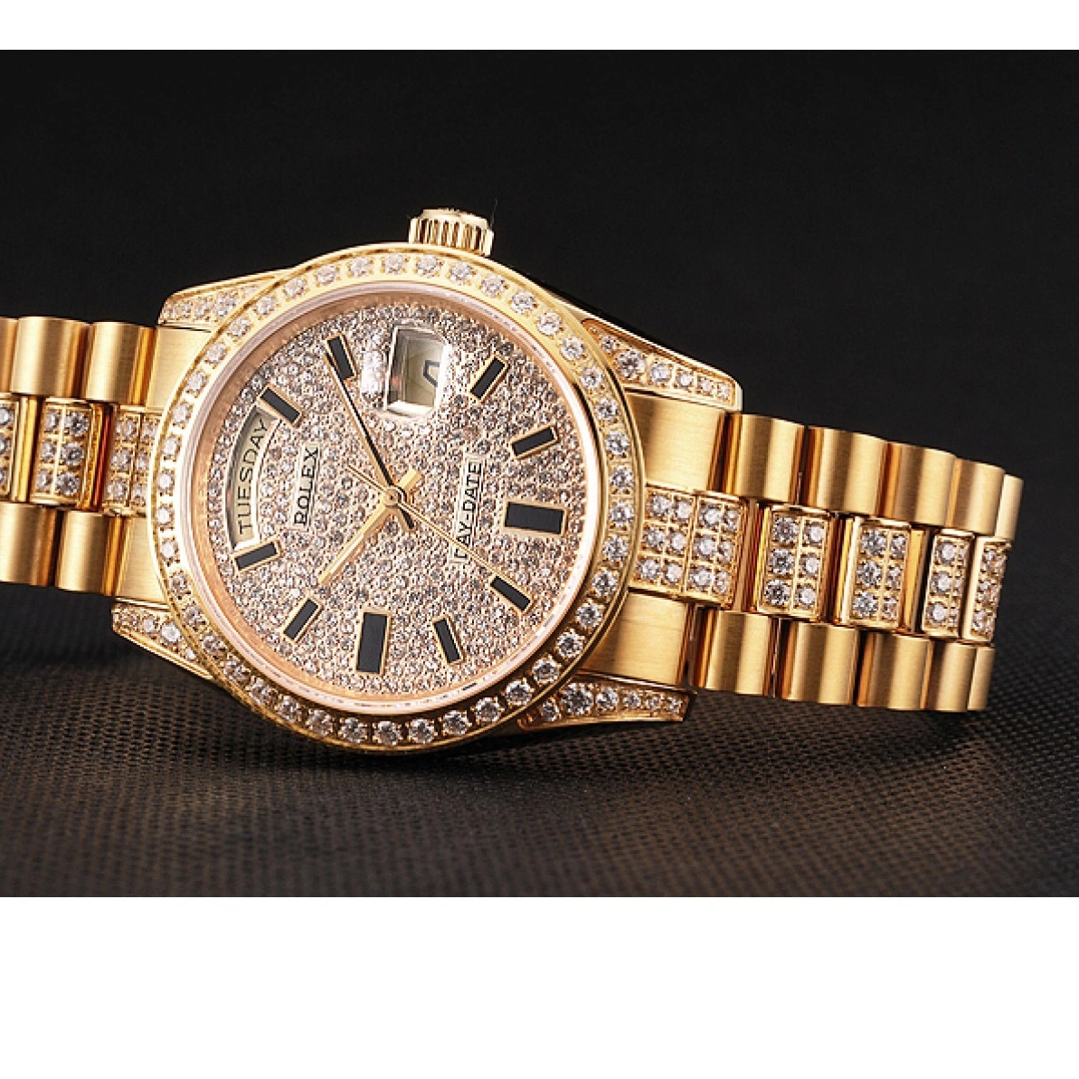 Aaa fake watches Pave Diamond Rolex Day Yellow Gold Swiss Date 0219