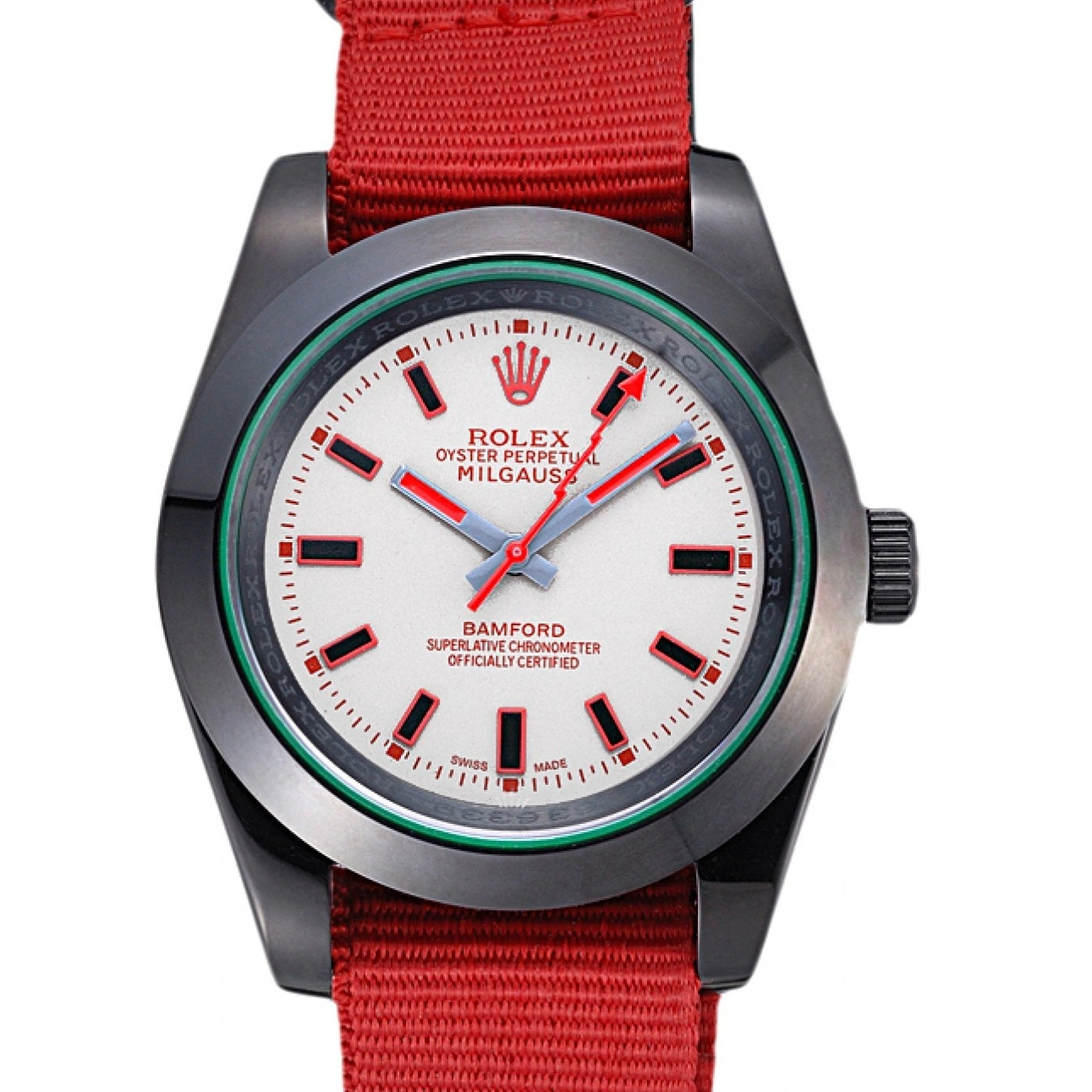 Aaa fake watches Rolex Milgauss Nylon Bamford 622002 Red Strap 0218