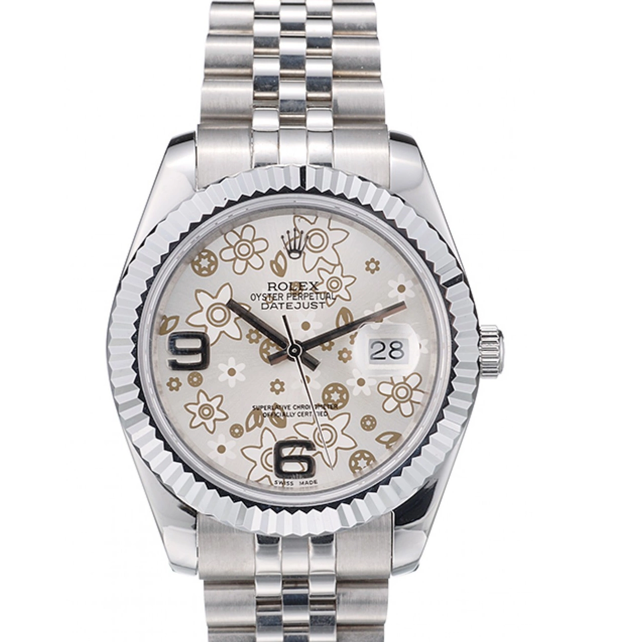 Aaa replica watch Flower DateJust Stainless Ribbed Steel Dial Silver Swiss 42001 Rolex Bezel 0226