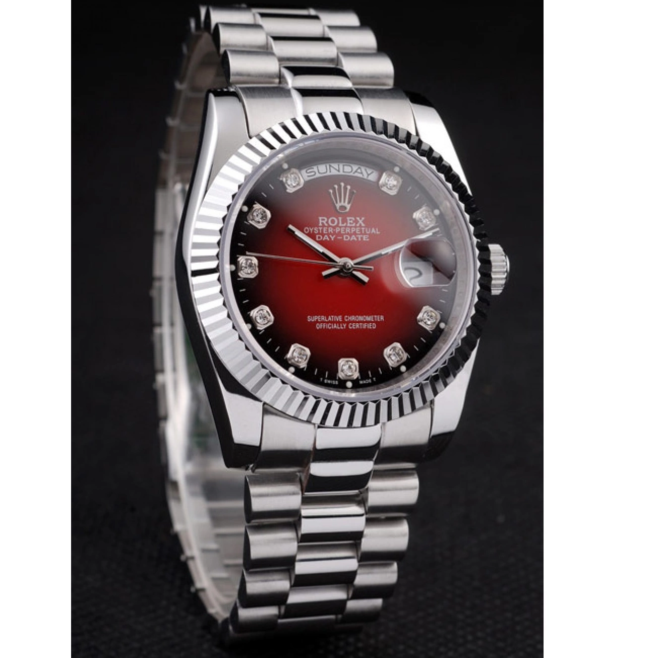 Aaa replica Two Day-Date Steel Stainless Dial Red Rolex Polished Tone 0210