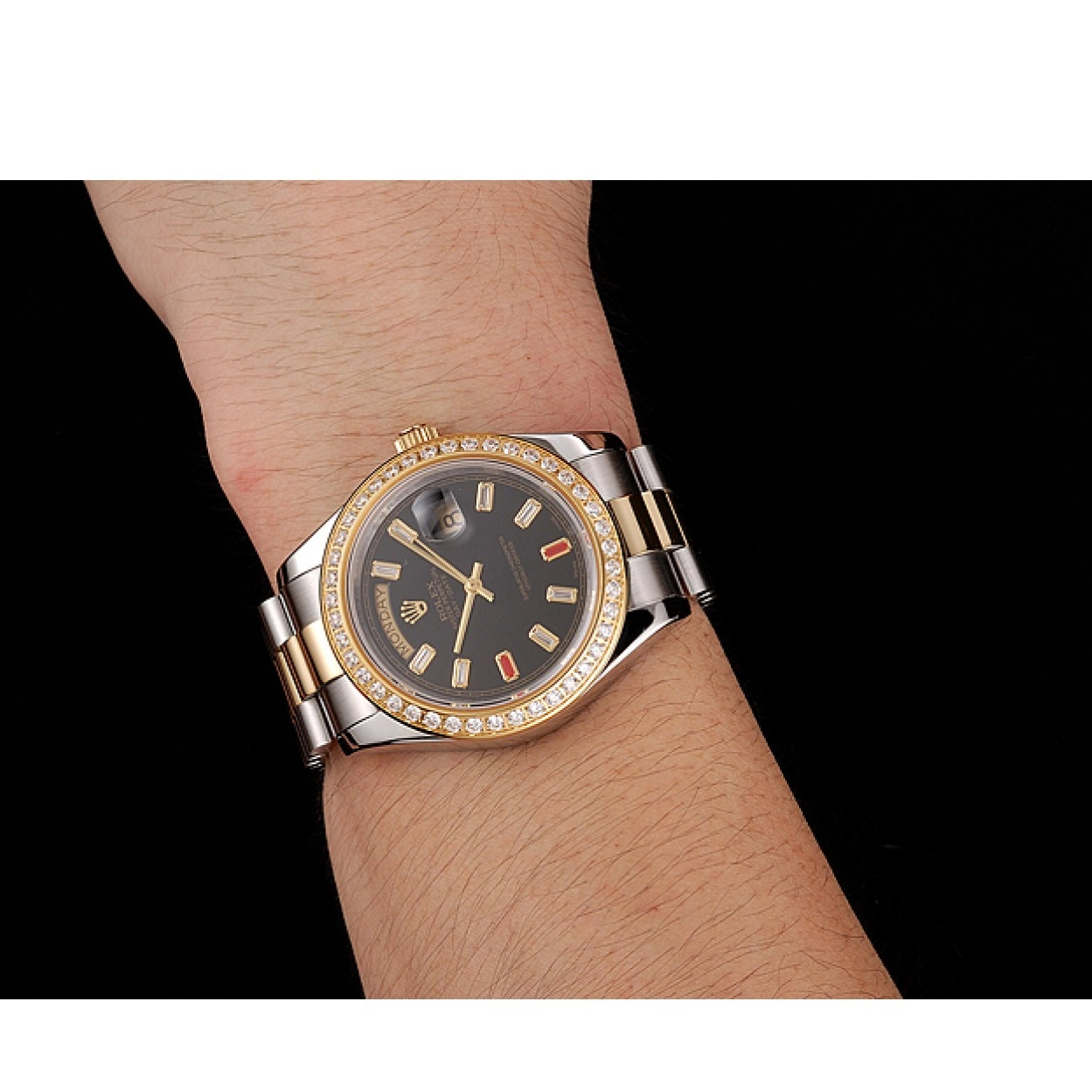 Aaa replica And Swiss Tone Black Rubies Two Bracelet Diamonds Dial Rolex 1454105 Day-Date 0224