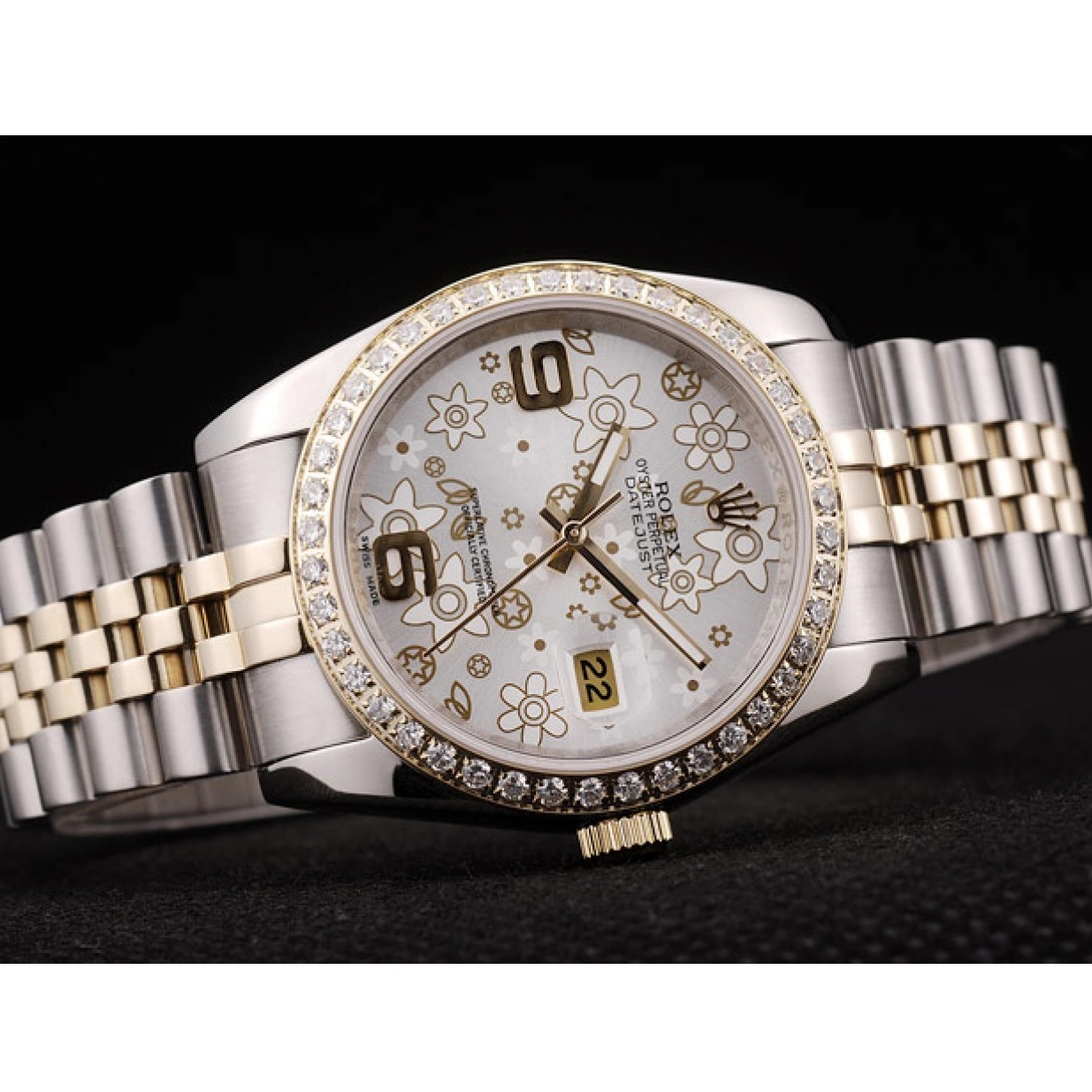 Aaa replica Stainless Brushed Case Silver Rolex DateJust Plated Flowers Diamonds Dial Steel 0208