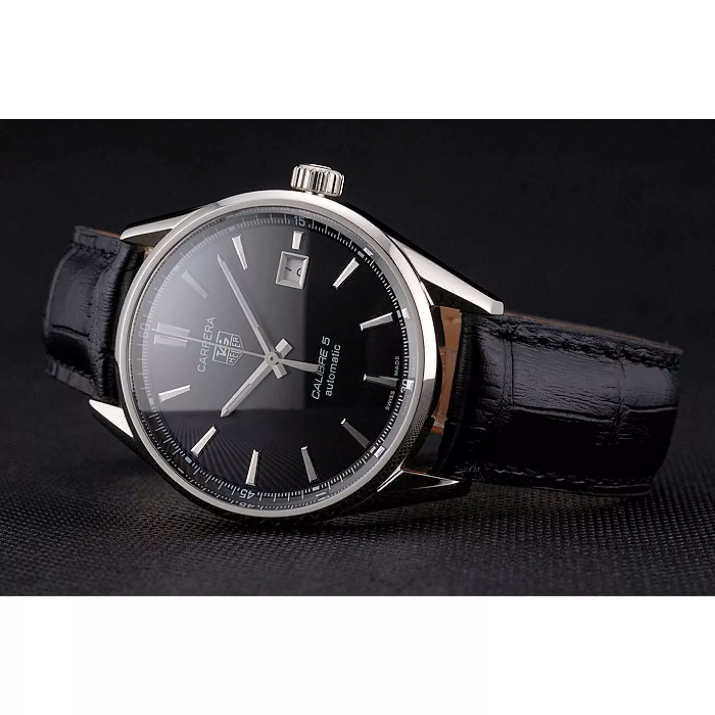 Aaa replica watch Swiss Tag Heuer Carrera Calibre 5 Black Dial Stainless Steel Case Black Leather Strap 0203