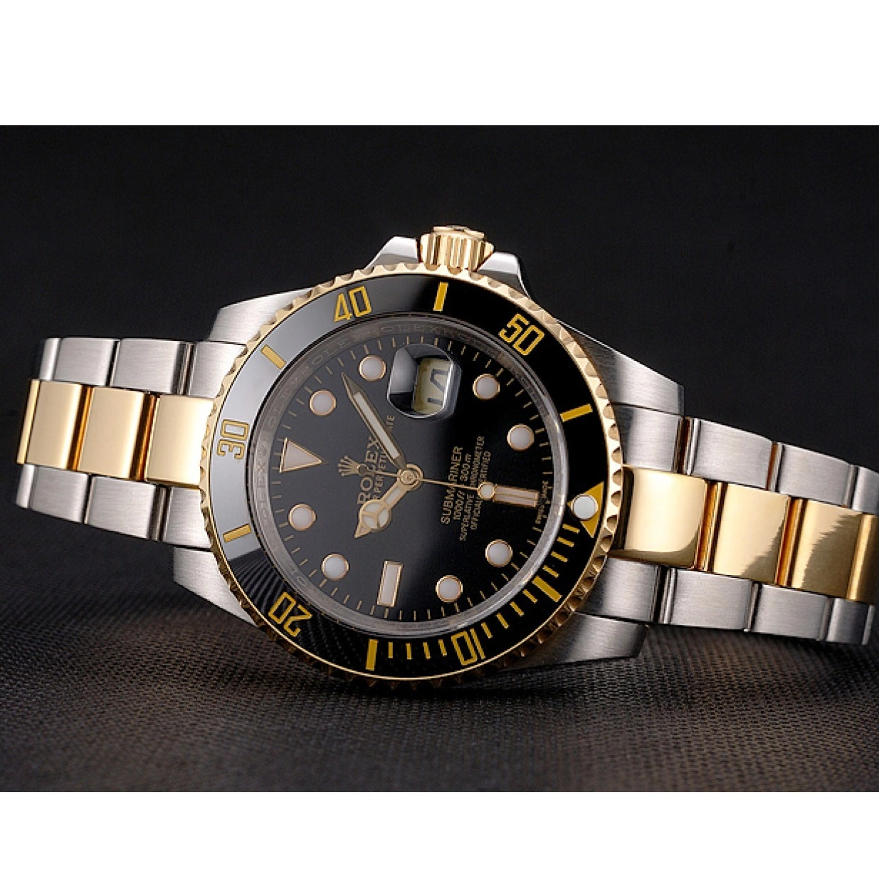 Aaa fake watches And Bracelet Swiss Submariner Gold Dial Steel Tone Rolex Bezel Black Two 0222