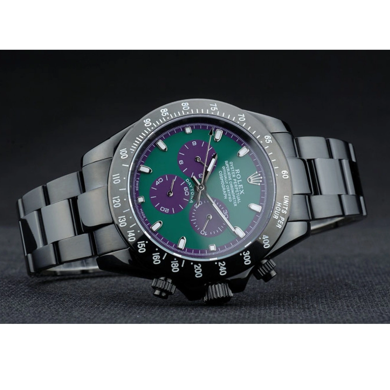 Aaa replica Stainless Plated Daytona Black Strap Rolex 80246 Green Ion Tachymeter Steel Dial Black 0212