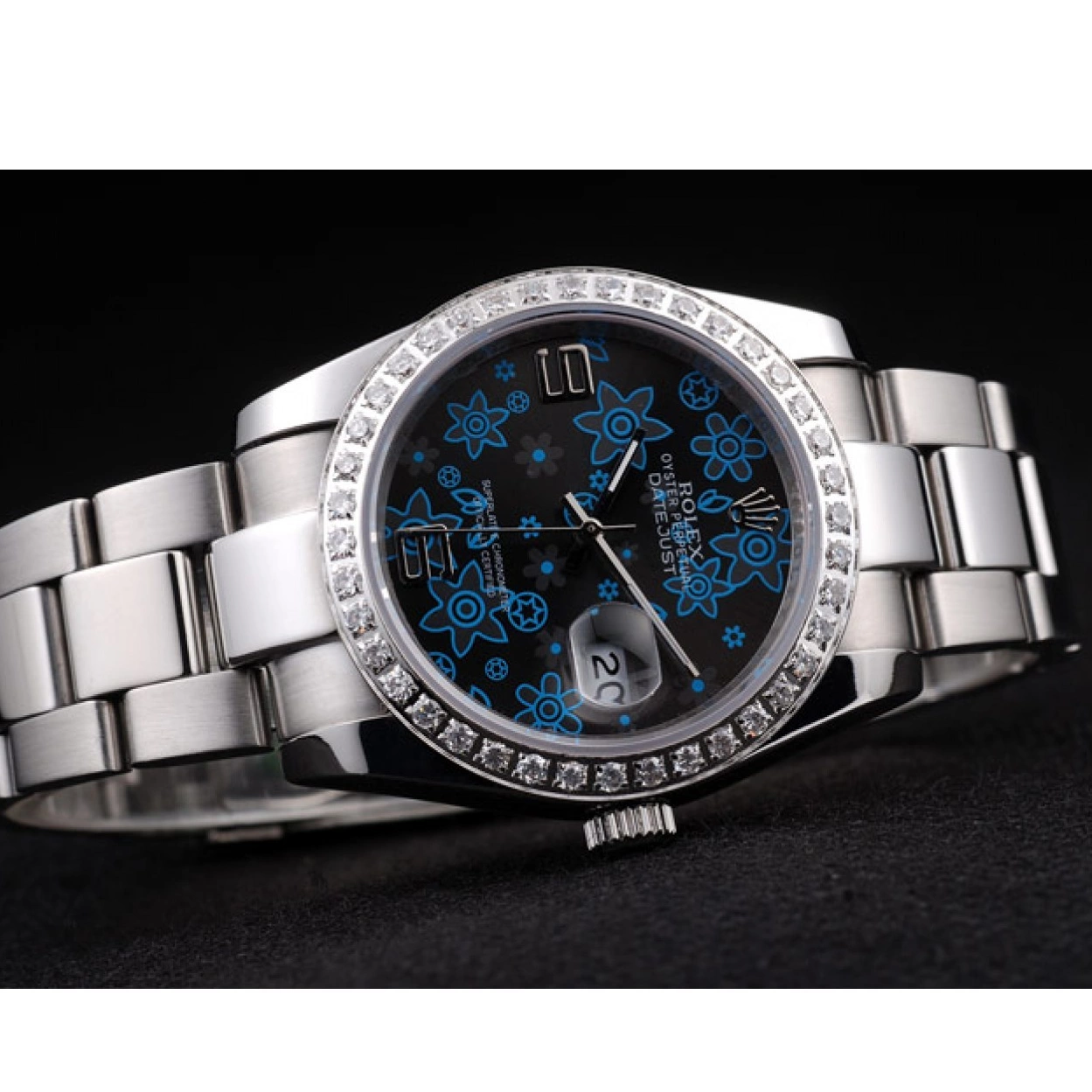 Aaa replica Datejust Blue Diamond Steel Polished Stainless Flowers Dark Rolex Plated Dial 0210